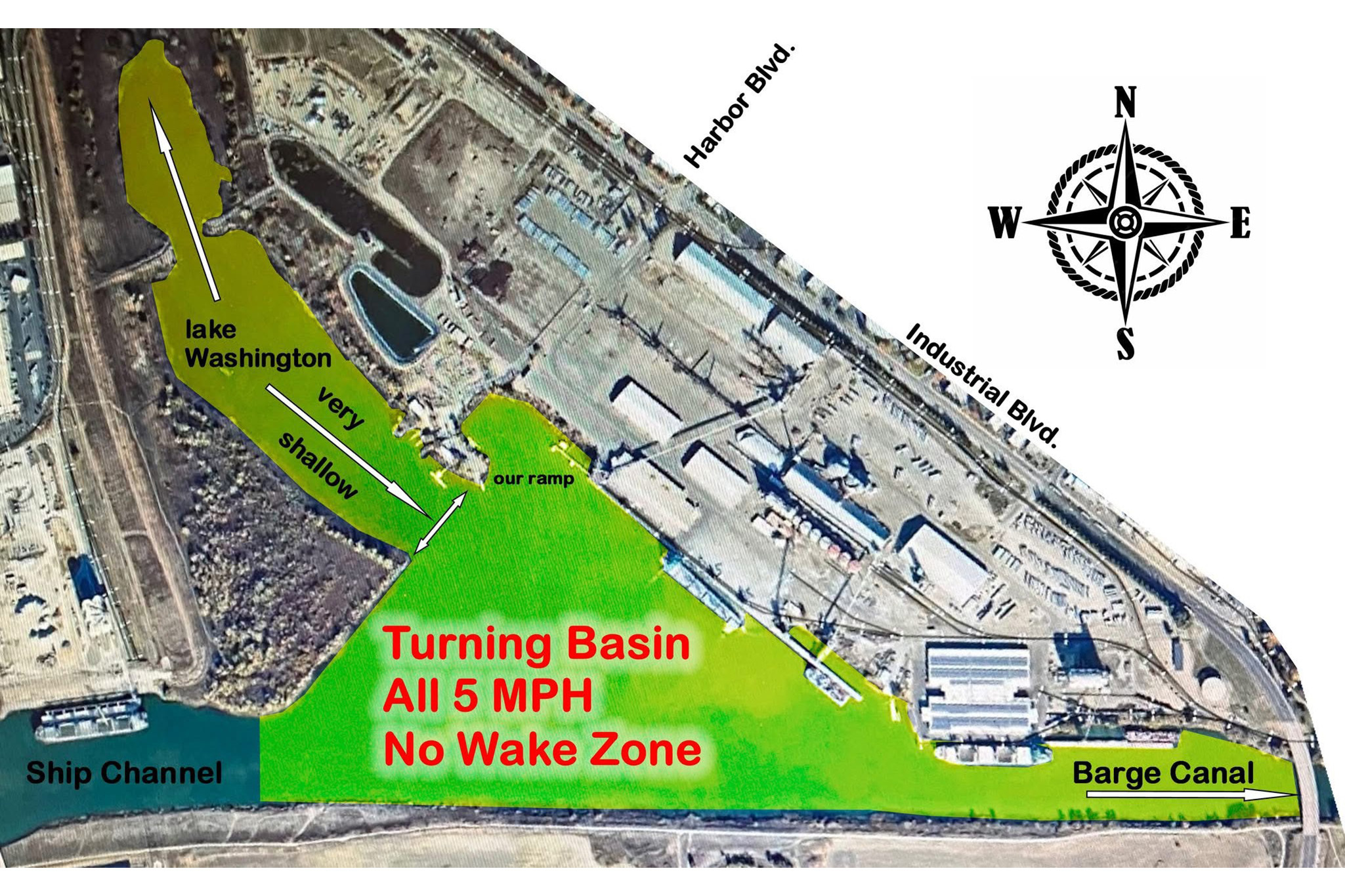 Aerial map of the Port of West Sacramento showing the turning basin, club ramp, Lake Washington, ship channel, and barge canal. The turning basin is marked as a 5 MPH no-wake zone.