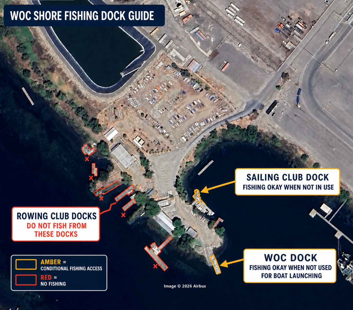 Aerial dock guide marking the Sailing Club and WOC docks as conditional shore-fishing locations and the Rowing Club docks as no-fishing areas.