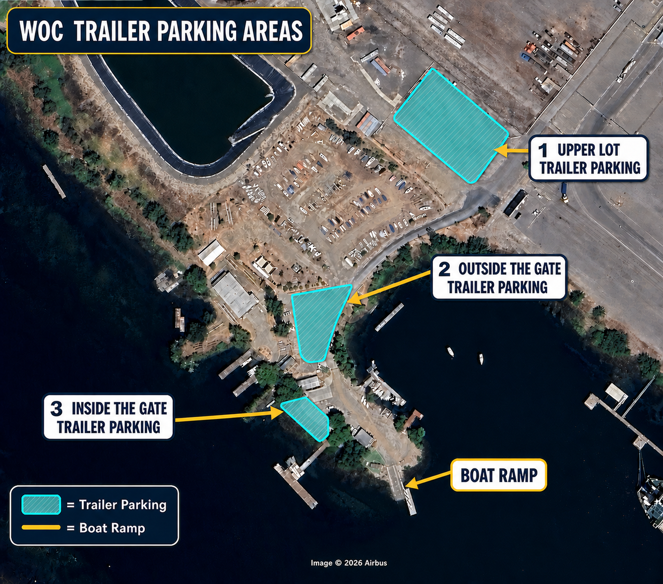 Aerial map showing the Upper Lot, Outside the Gate, and Inside the Gate trailer-parking areas and the boat ramp.